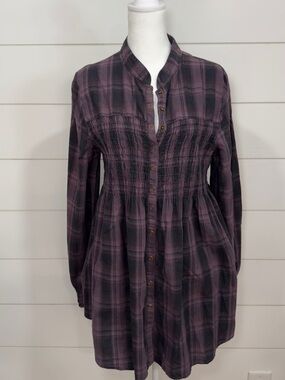 XCVI Burgundy Plaid Smocked Tunic Top XL 100% Cotton
